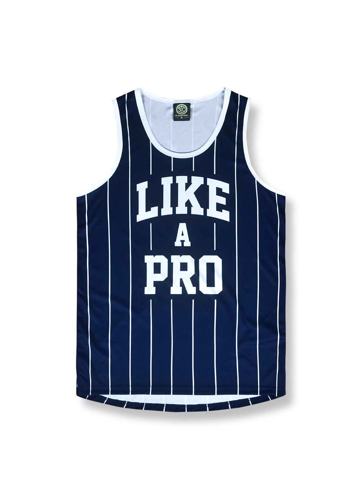 ライク ア プロ ネイビーピンストライプ バスケットボールジャージ, ネイビー, ホワイトロゴ