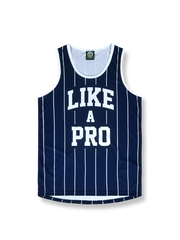ライク ア プロ ネイビーピンストライプ バスケットボールジャージ, ネイビー, ホワイトロゴ