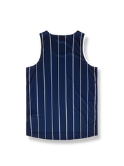 ライク ア プロ ネイビーピンストライプ バスケットボールジャージ, ネイビー, ホワイトロゴ