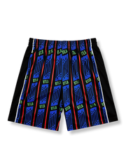 レッドとブルーのストライプ柄バスケットボールショーツ 五分丈、速乾通気スポーツモデル