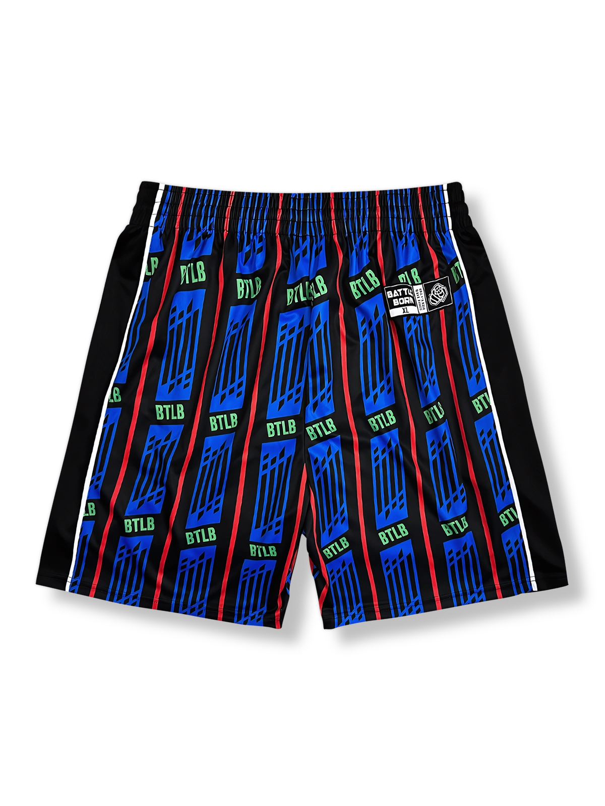 レッドとブルーのストライプ柄バスケットボールショーツ 五分丈、速乾通気スポーツモデル