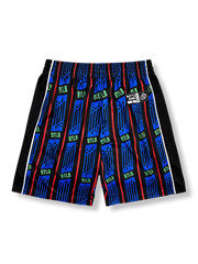 レッドとブルーのストライプ柄バスケットボールショーツ 五分丈、速乾通気スポーツモデル